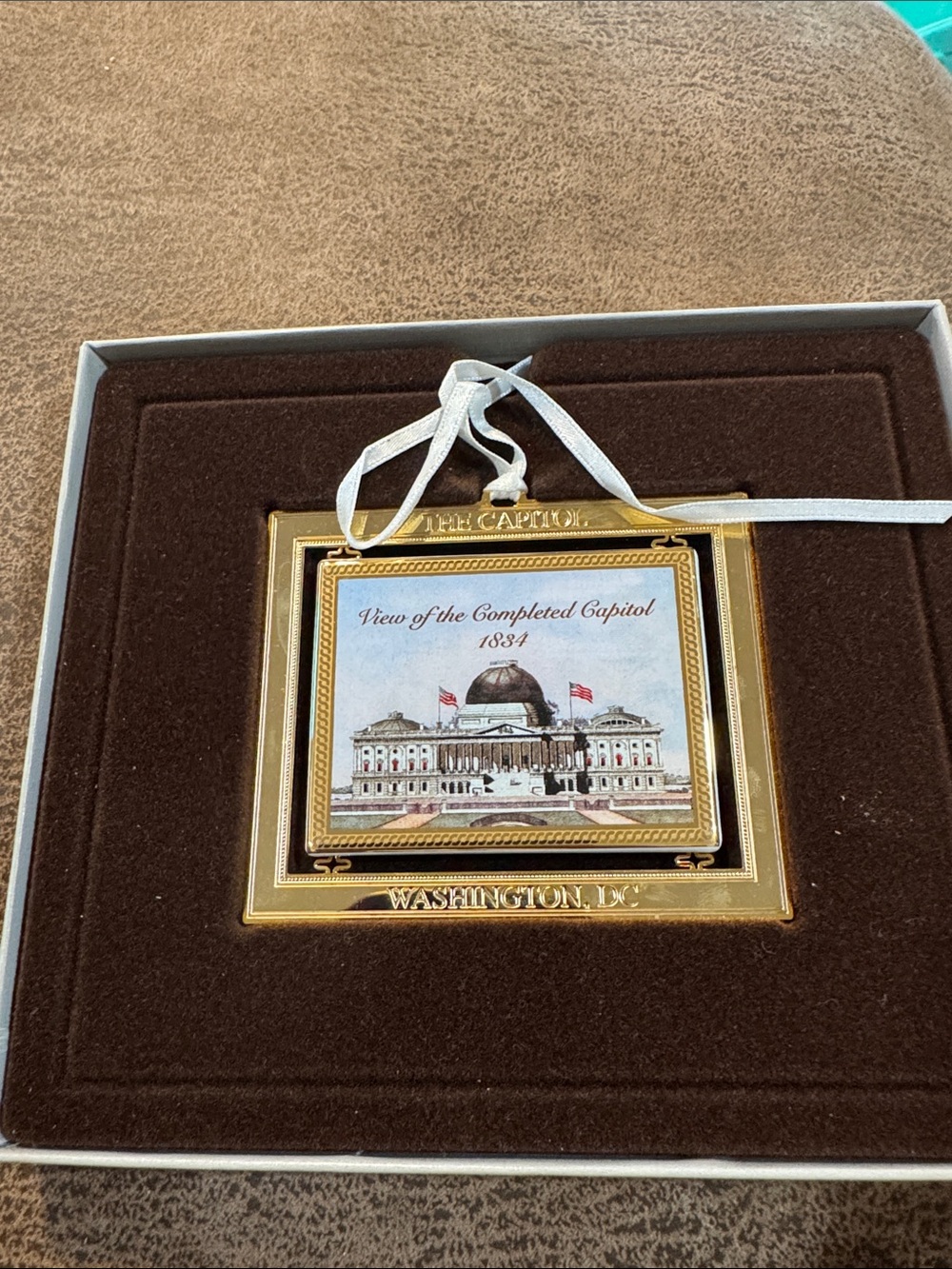 Washington DC Capitol Ornament - Gold Frame with White Ribbon